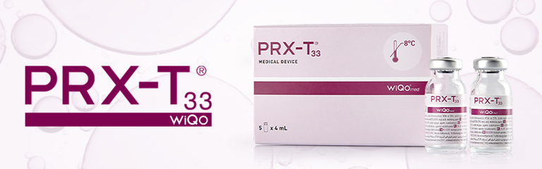 Foto della confezione e delle boccette di vetro del GEL innovativo PRXT33 che si applica sulla pelle SENZA UTILIZZO DI AGHI per la biorivitalizzazione