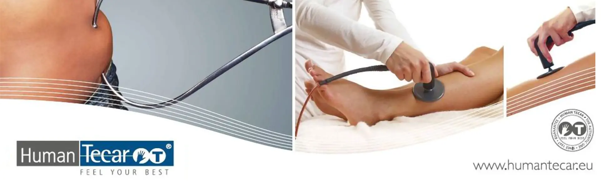 Collage di immagini che mostrano come funziona il macchinario HumanTecar dedicato alla Tecarterapia utilizzato nello studio medico LEZONE, a Salerno. Il trattamento è estremamente piacevole e totalmente privo di dolore: il paziente avverte solo una gradevole sensazione di calore profondo